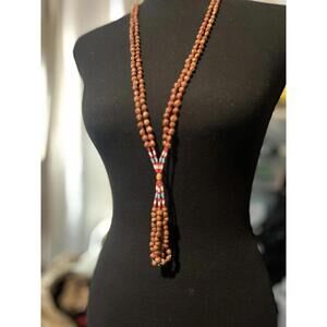Vintage Handcrafted Wooden Beaded Necklace with Colorful Thread Accents